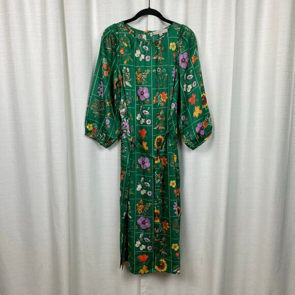 LOFT Green Floral Bird Butterfly Garden Puff Sleeve Shift Midi Dress Sz.M NWT - Picture 3 of 16